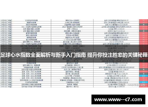 足球心水指数全面解析与新手入门指南 提升你投注胜率的关键秘籍 足球心水指数全面解析与新手入门指南 提升你投注胜率的关键秘籍