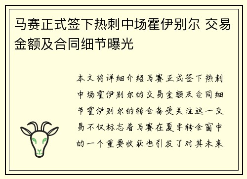 马赛正式签下热刺中场霍伊别尔 交易金额及合同细节曝光