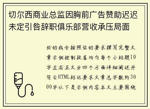 切尔西商业总监因胸前广告赞助迟迟未定引咎辞职俱乐部营收承压局面 切尔西商业总监因胸前广告赞助迟迟未定引咎辞职俱乐部营收承压局面