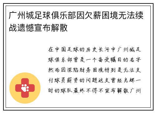广州城足球俱乐部因欠薪困境无法续战遗憾宣布解散