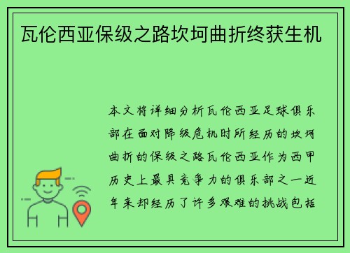 瓦伦西亚保级之路坎坷曲折终获生机 瓦伦西亚保级之路坎坷曲折终获生机