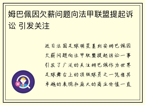 姆巴佩因欠薪问题向法甲联盟提起诉讼 引发关注