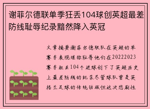谢菲尔德联单季狂丢104球创英超最差防线耻辱纪录黯然降入英冠 谢菲尔德联单季狂丢104球创英超最差防线耻辱纪录黯然降入英冠
